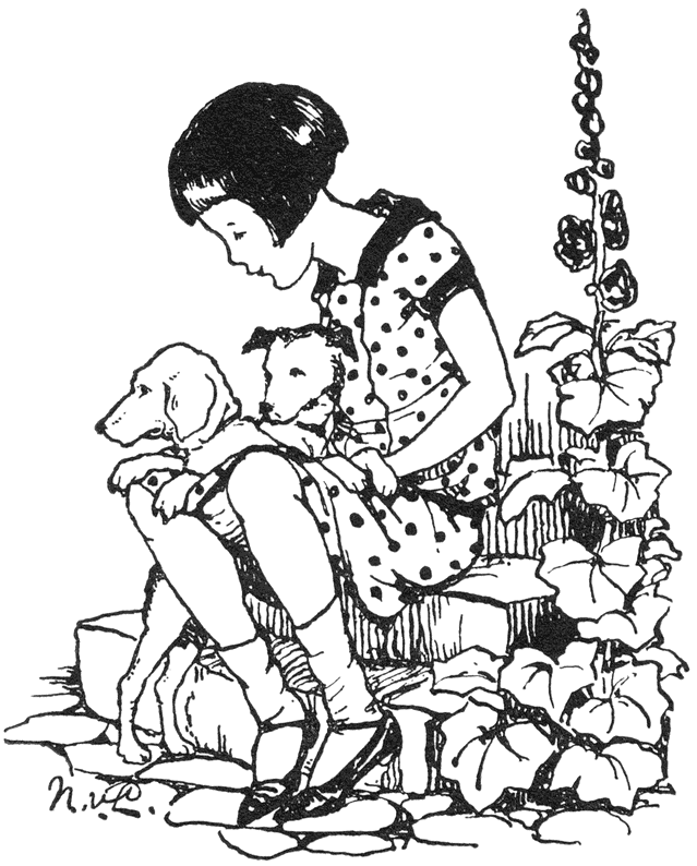 Freda zit op een trapje met twee honden.