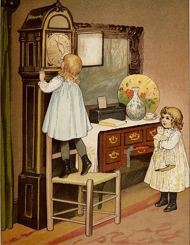 Child on chair reaches up to the clock hands pointing to twelve while little girl with doll watches
