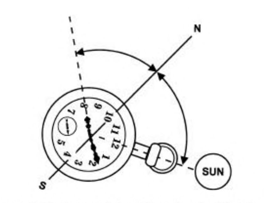 Sketch of an analog watch with the clock face number 12 pointing towards the sun and the hour hand pointing towards the number 8; the north-south line is midway between the sun and hour hand on the clock face.
