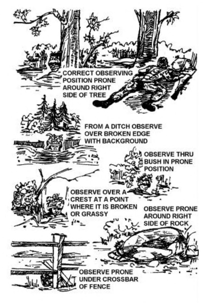 Six sketches arranged vertically: the top shows a scout prone on the ground using a tree as cover for his observations; the second shows the head of a scout in a ditch, observing over a broken edge; the third shows the head of a scout in a prone position observing through a bush; the fourth shows the head of a scout observing over a crest at a point where it is broken or grassy; the fifth shows a prone observation point around the right side of a rock; the bottom shows use of a fence crossbar as cover for observation from a prone position.