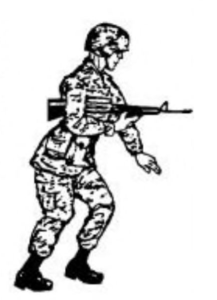 Sketch of a soldier in camouflage, knees slightly bent, left hand extended downwards, carrying a rifle in his right hand with the stock under his armpit, preparing to kneel.