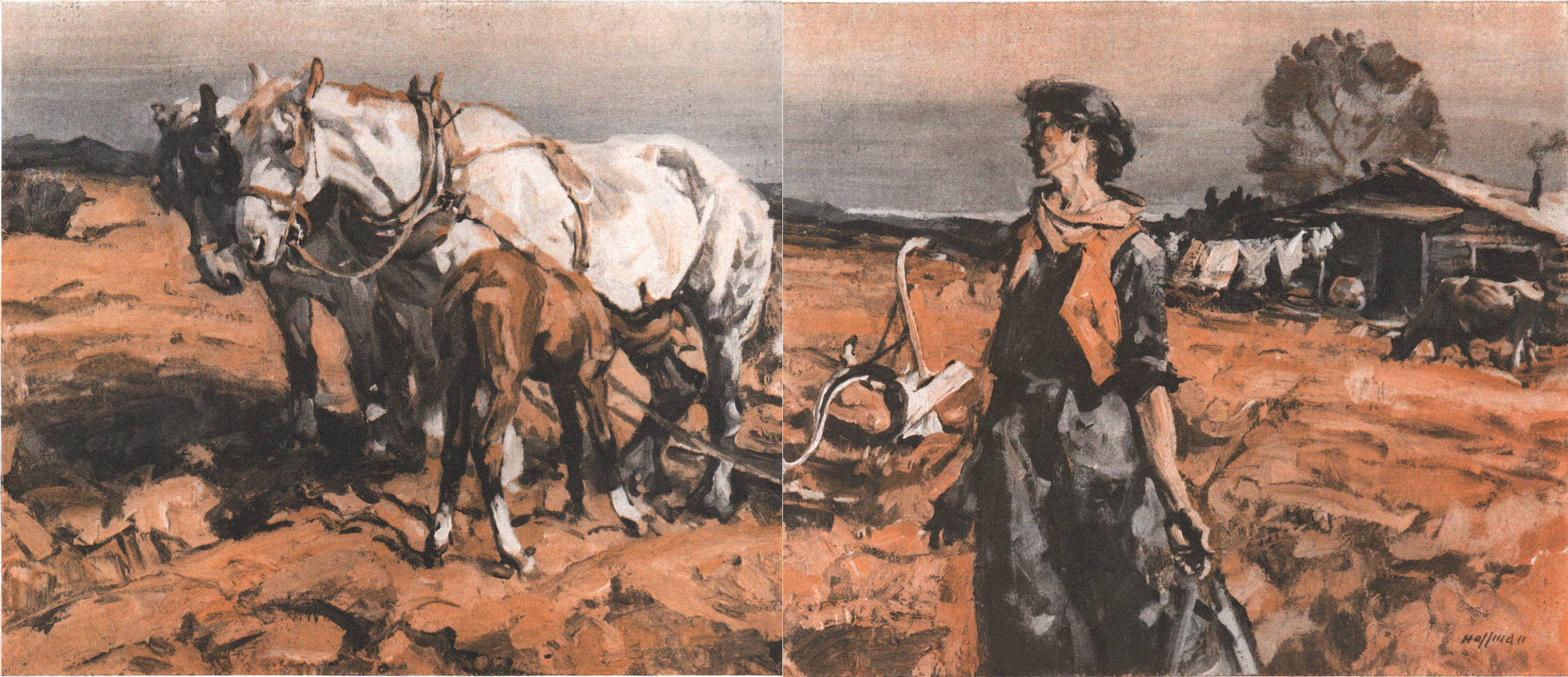 woman in a field on a farm with team of horses