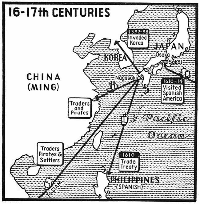 This map shows Japanese invaders, traders, pirates and settlers going to Korea, Ming China, Siam, and the Philippines.