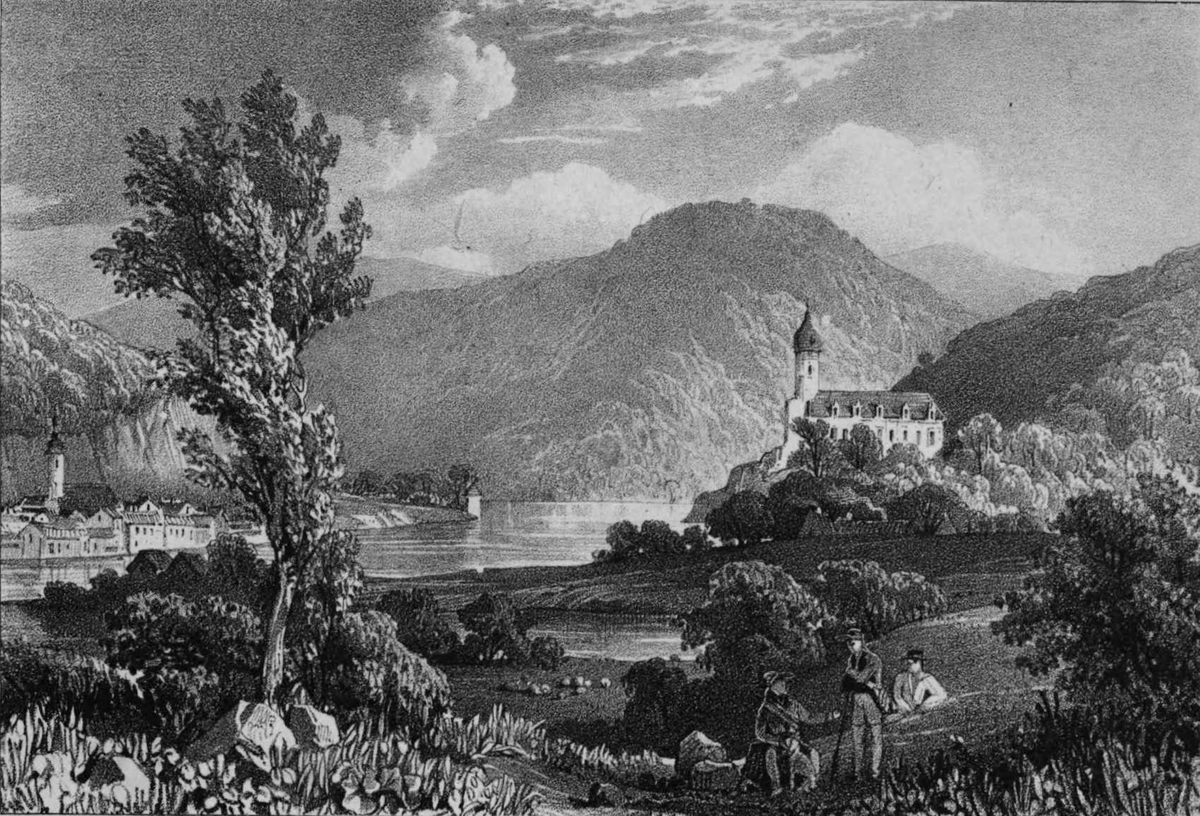 View of a riverside town with a castle on a hill above the Danube, with figures in the foreground.