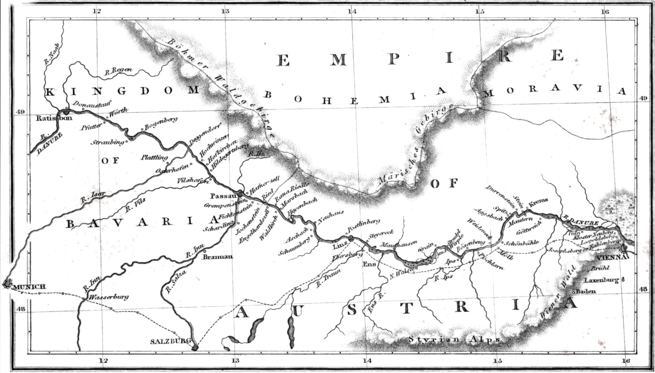 A map of the Danube from Ratisbon   to Vienna.