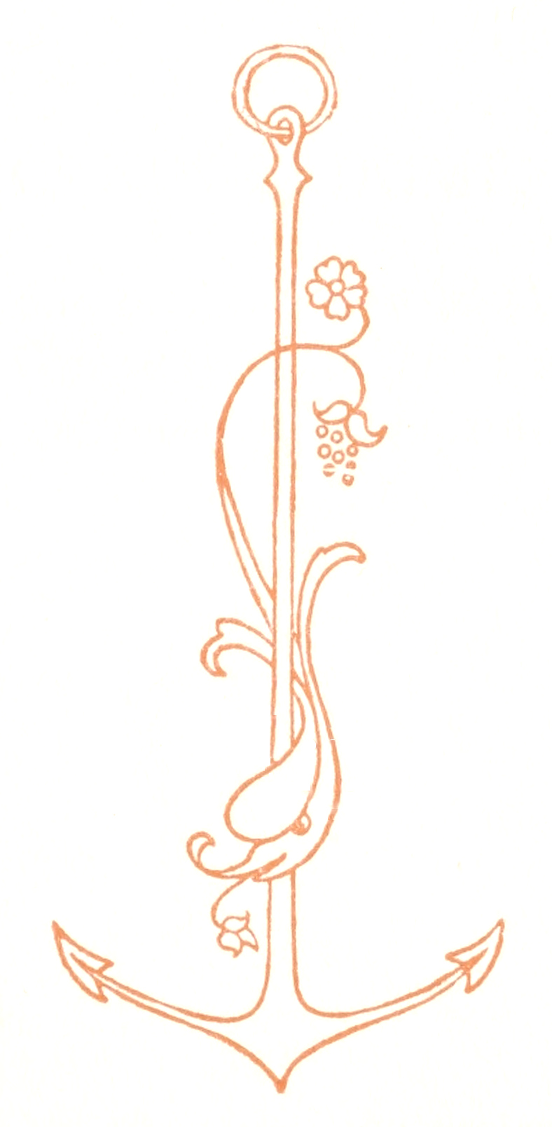 Colophon: an orange-colored, stylized sketch of anchor with a vine and flowers entwined on the shank.