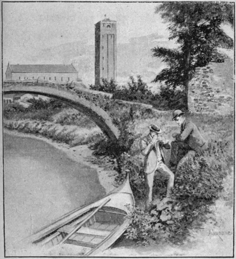Two men on a shore line next to a gondola or punt, with a tower in the background