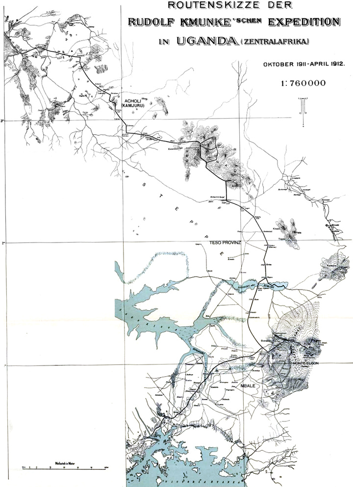 Routenskizze der Rudolf   Kmunke'schen Expedition in Uganda (Zentralafrika), Oktober 1911 bis April   1912, im Maßstab 1:760000