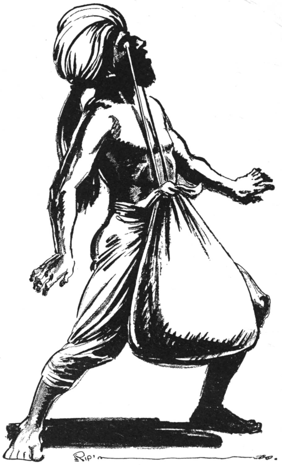 Juggler carrying a large sack by his eyeballs