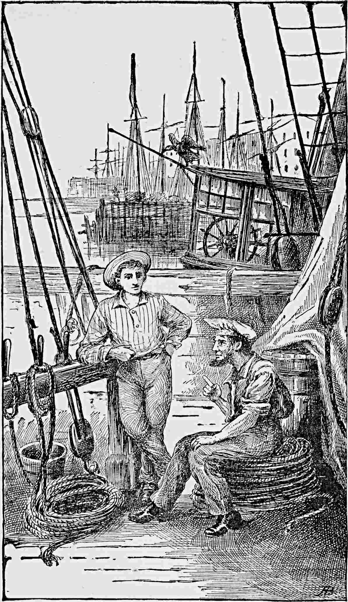 Boy standing and man sitting; with boats in the background