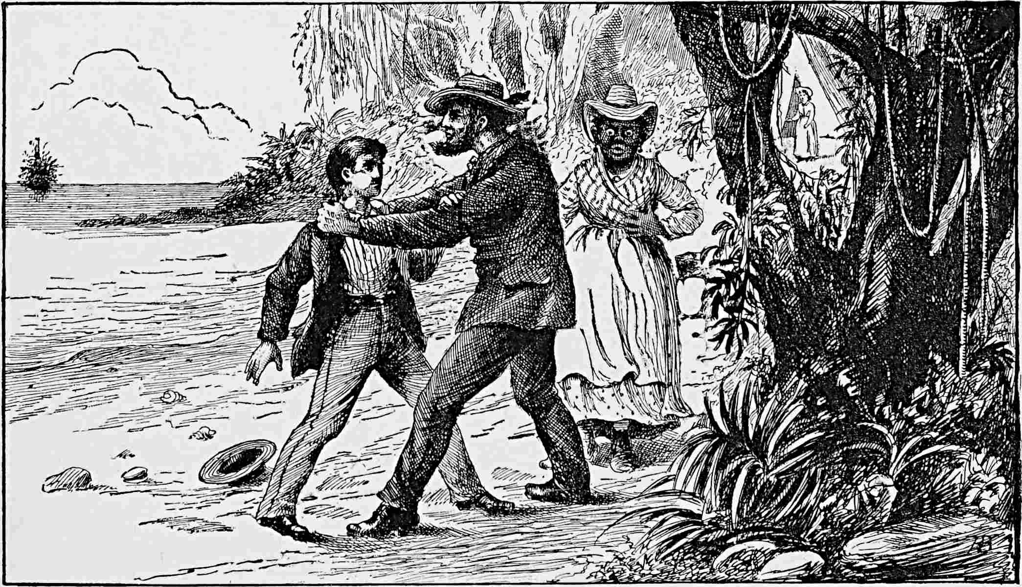 Jake and Ben in center, with shore to the left, with Chloe right behind and to right of Jake and Ben; Gertie is visible in the background through the trees on the right