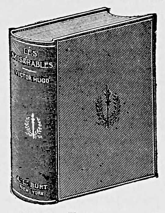 Book featuring a laurel surrounding a torch, titled: LÉS MISERABLES
