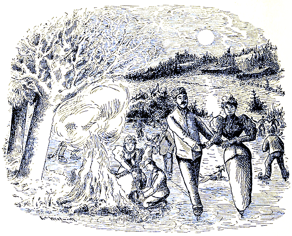 People gathering around an open fire in a forested area.