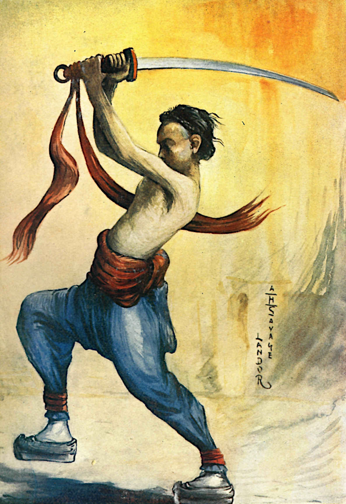Painting of Boxer training with sword overhead