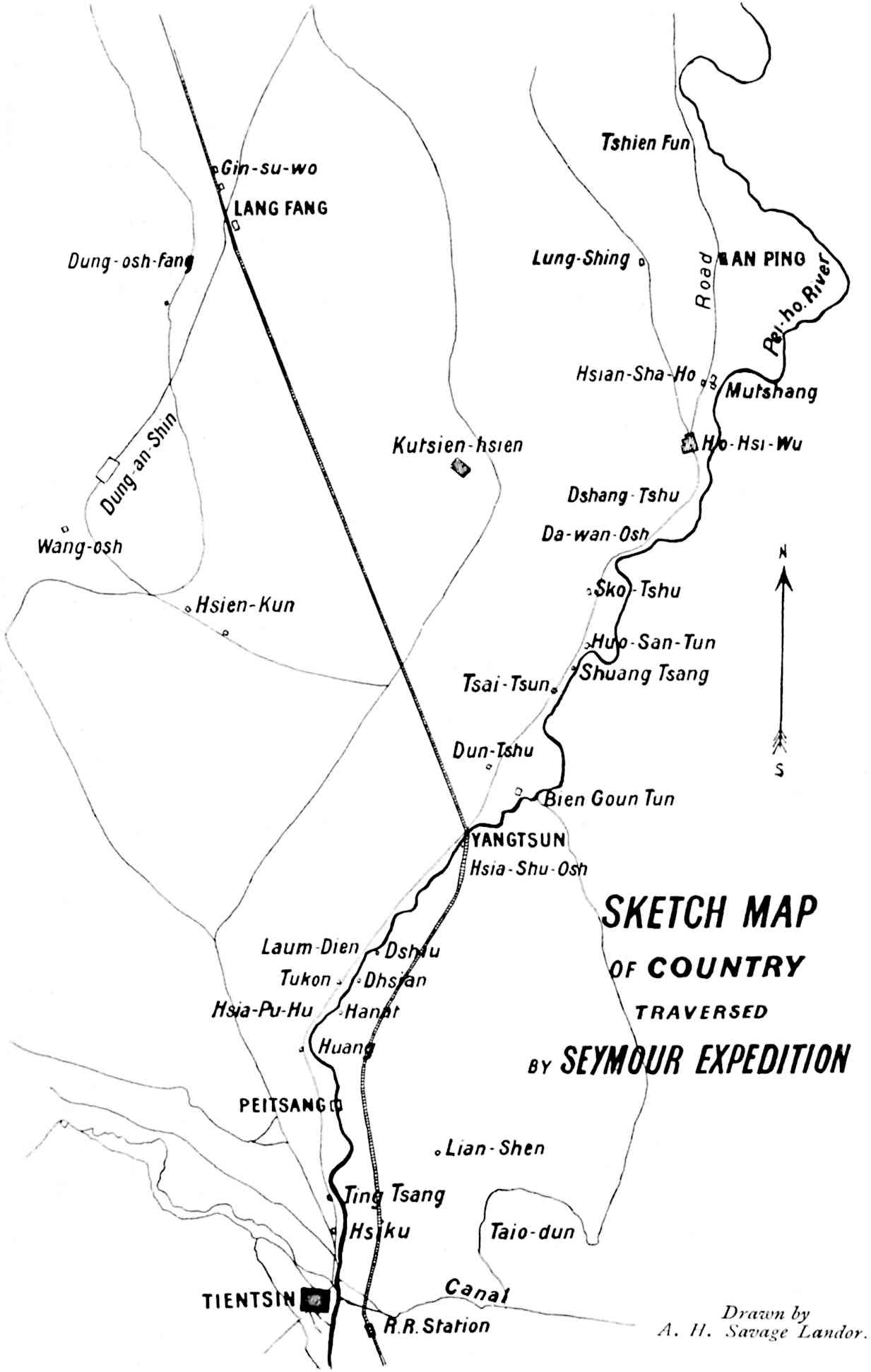 Map with text: SKETCH MAP OF COUNTRY⏎TRAVERSED⏎BY SEYMOUR EXPEDITION⏎⏎Drawn by⏎A. H. Savage Landor.