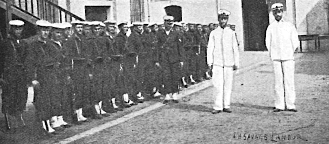 2 men in white on right with many soldiers lined up in black on left