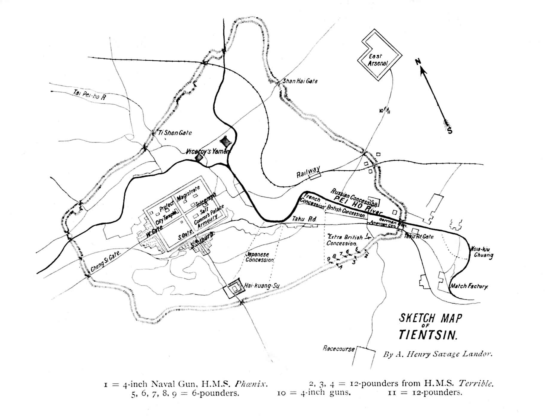 Map showing the position with text: SKETCH MAP⏎OF⏎TIENTSIN.⏎⏎By A. Henry Savage Landor.