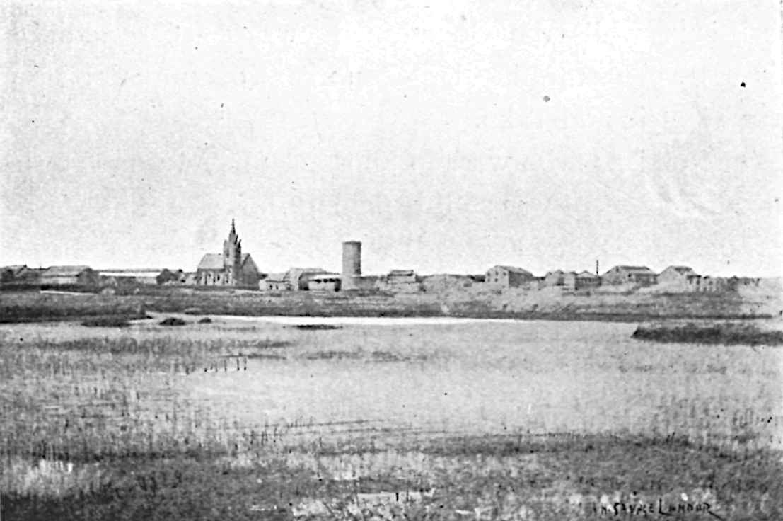 A village across a field