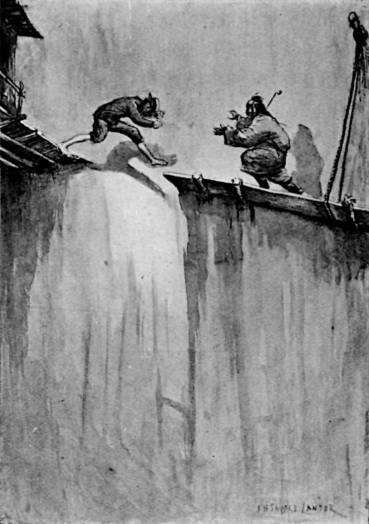 Painting of man jumping across a gap, with another man across the gap in a posture as though to intercept or attack