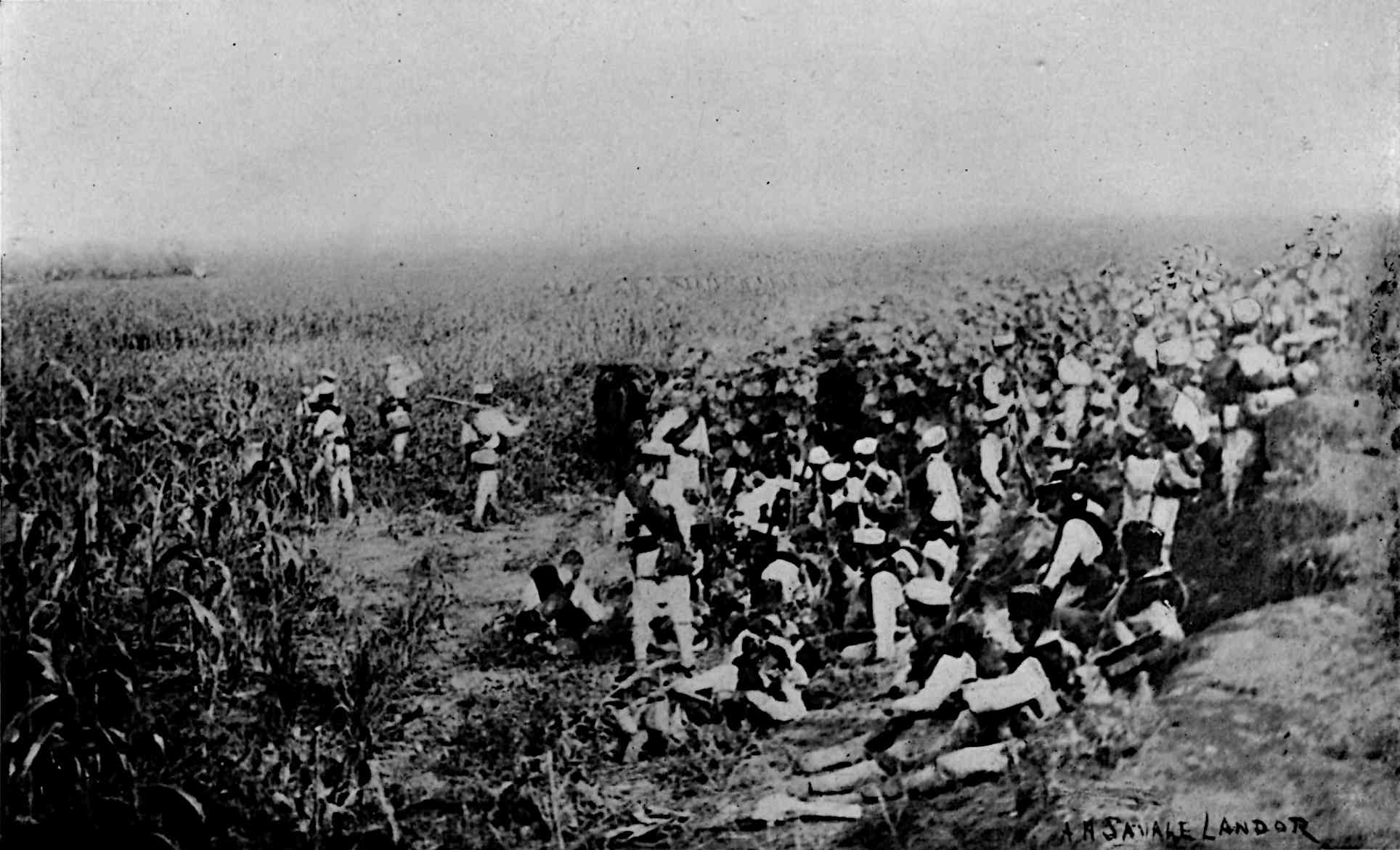 Large group of soldiers on right, with smaller group on left