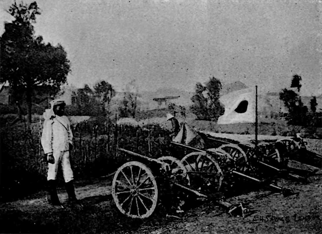 Cannons in center, with Japanese flag on right and a person in uniform on left