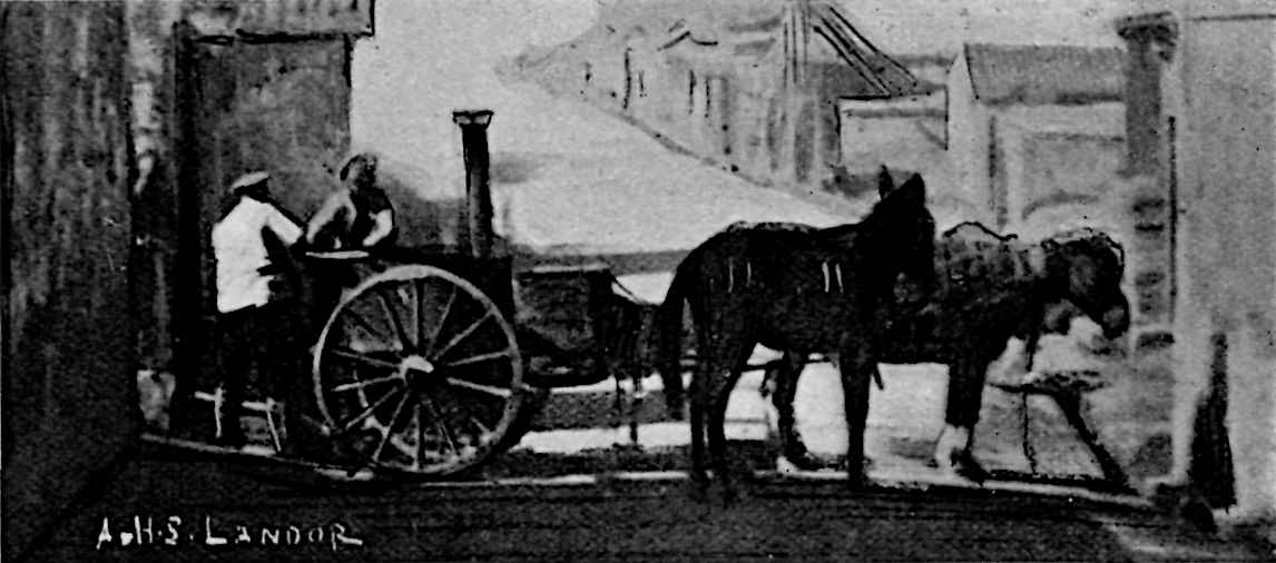 2 men around a wheeled stove, with 2 horses