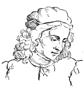 Bust of Garbo, looking downward to right; clean shaving, curly hair to shoulders, wearing a cap.
