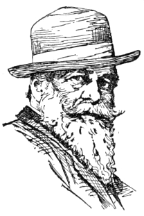 Bust of Geselschap, facing forward; long beard and mustache, wearing a brimmed hat with a ribbon around the crown.
