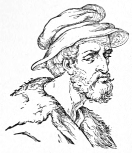 Bust of Giovvani da Udine, facing right; trimmed curly beard and mustache; curly hair under a soft brimmed hat.