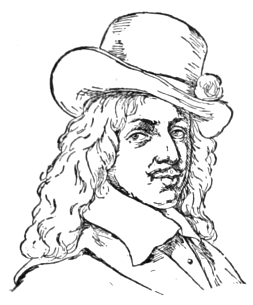 Bust of Hals, facng slightly right; mustache, wavy hair below shoulders, wearing a brimmed hat and high-collared shirt.