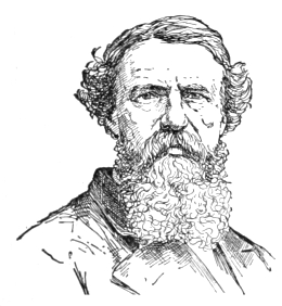 Bust of Hill, facing forward; long beard and mustache, short curly hair.