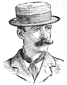 Bust of Homer, facing slightly right; handlebar mustache; wearing a boater hat.