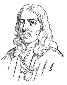 Bust of Hoogstraten, facing forward; thin mustache and goatee; long wavy hair below shoulders.