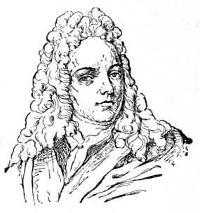 Bust of Houbraken, facing forward; clean shaven, wearing a curly wig to below the shoulders.