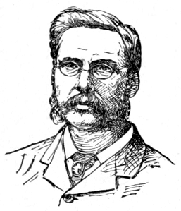 Bust of Hunter, facing forward; long mustache and mutton chops; wire-rim glasses, short hair.