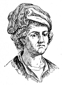 Bust of Kalkar, facing slightly right; clean shaven, curly hair, wearing a cloth hat.