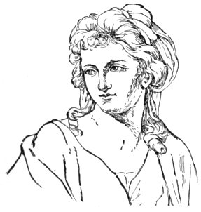 Bust of Kauffman, looking slightly left; long locks curl beyond her shoulder