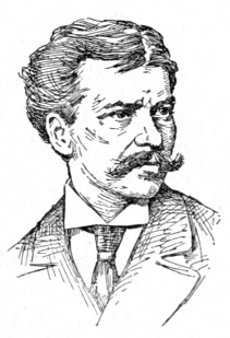 Bust of Keller, facing slightly right; thick handlebar mustache; hair brushed away from face, parted in center.