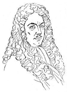 Bust of Klöcker, facing slightly right; thin mustache, long curly wig extending to mid-chest.