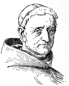 Bust of Küchler, facing forward; clean shaven, short hair under a cap, wearing a cowl.