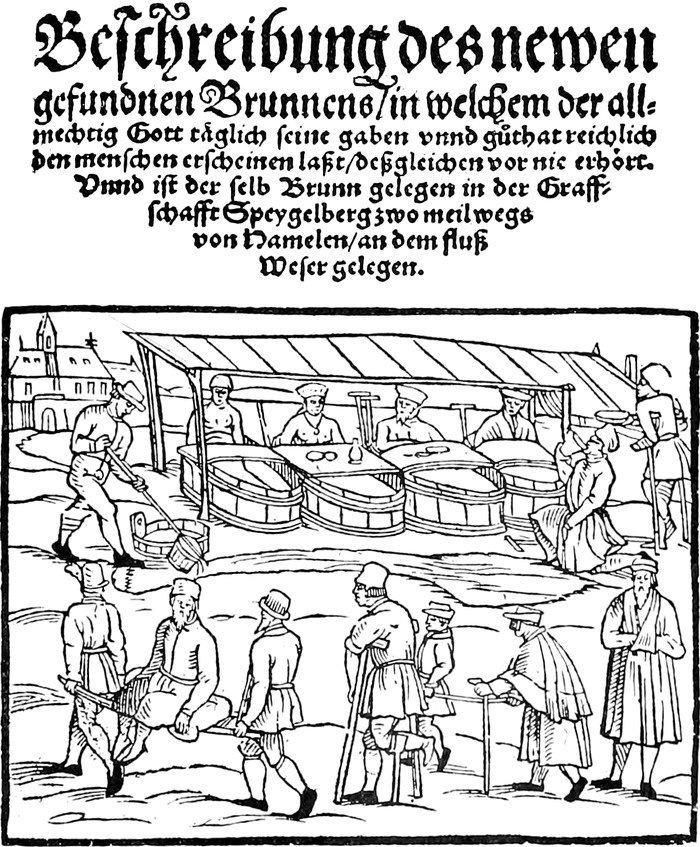 Originaltext des Holzschnitts   in aktueller Rechtschreibung: Beschreibung des neu gefundenen Brunnens, in   welchem der allmächtige Gott täglich seine Gaben und Wohltat reichlich den   Menschen erscheinen lässt, desgleichen nie zuvor gehört. Und es ist derselbe   Brunnen in der Grafschaft Spiegelberg gelegen, zwei Meilen Weges von Hameln,   an dem Fluss Weser gelegen.
