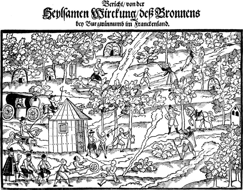 Original Bildüberschrift des   Holzschnitts in aktueller Rechschreibung: Bericht von der heisamen Wirkung   des Brunnens bei Burgwindheim im Frankenland.