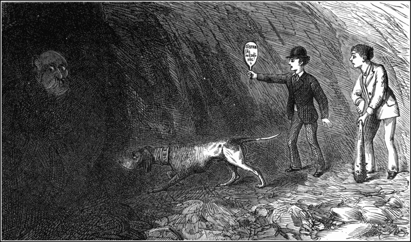 two men and a dog hunting a shadowy creature in a cave