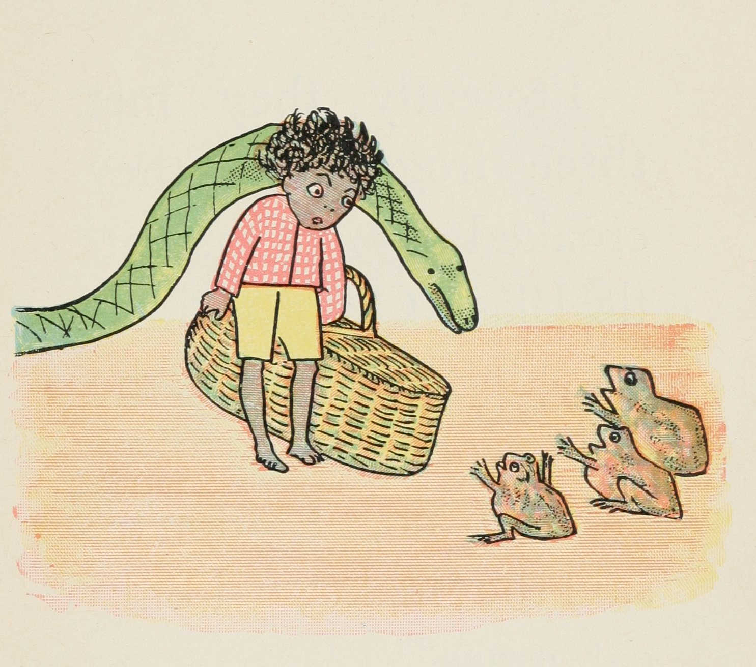 Quibba with his basket case and the snake meet three frogs.