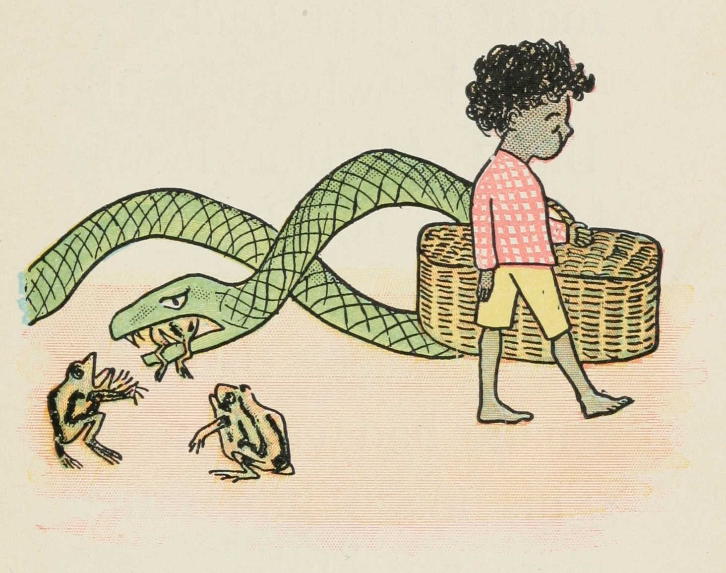 Quibba continues walking and the snake eats one of the frogs.