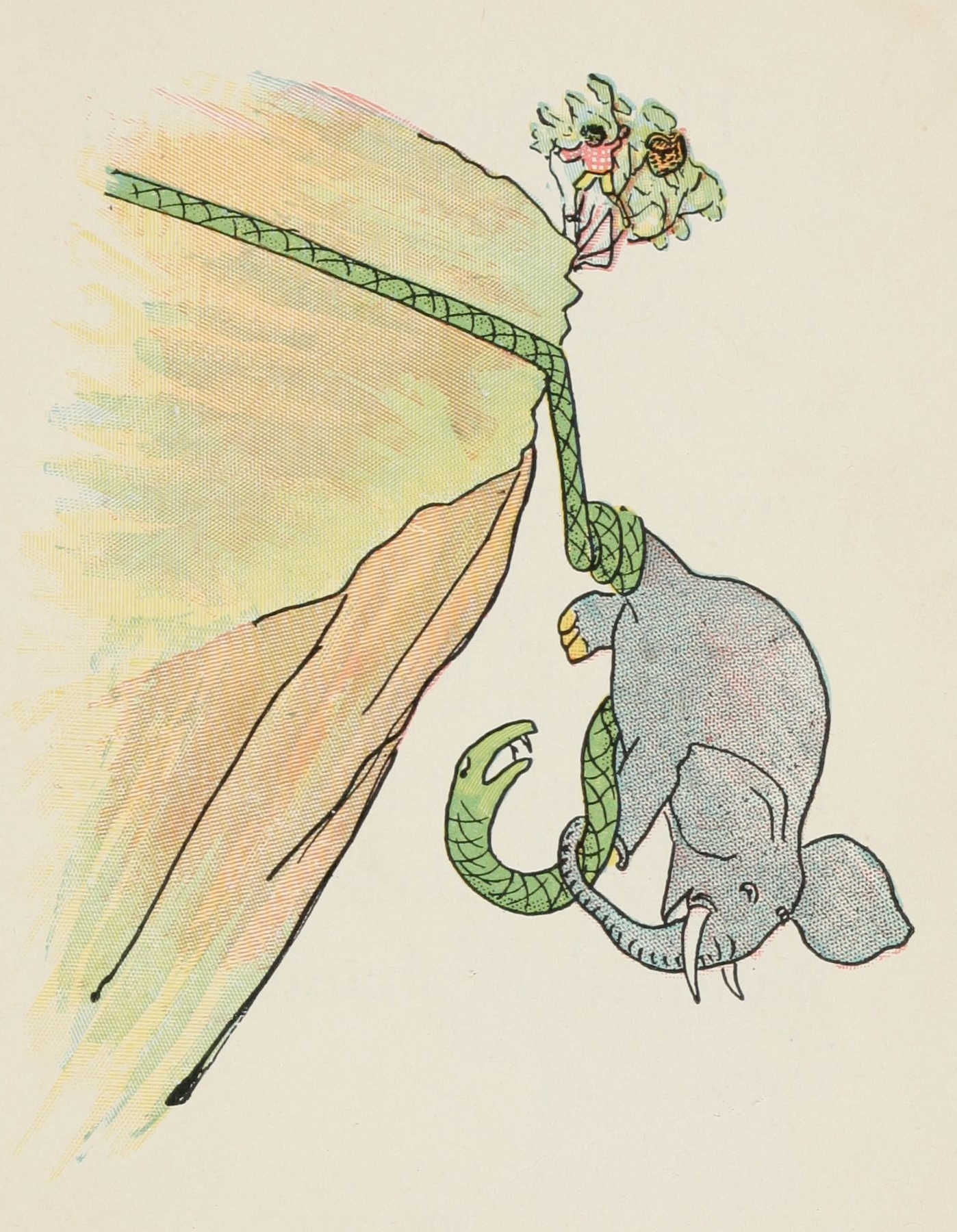 The elephant's foot is held by the snake over a cliff.