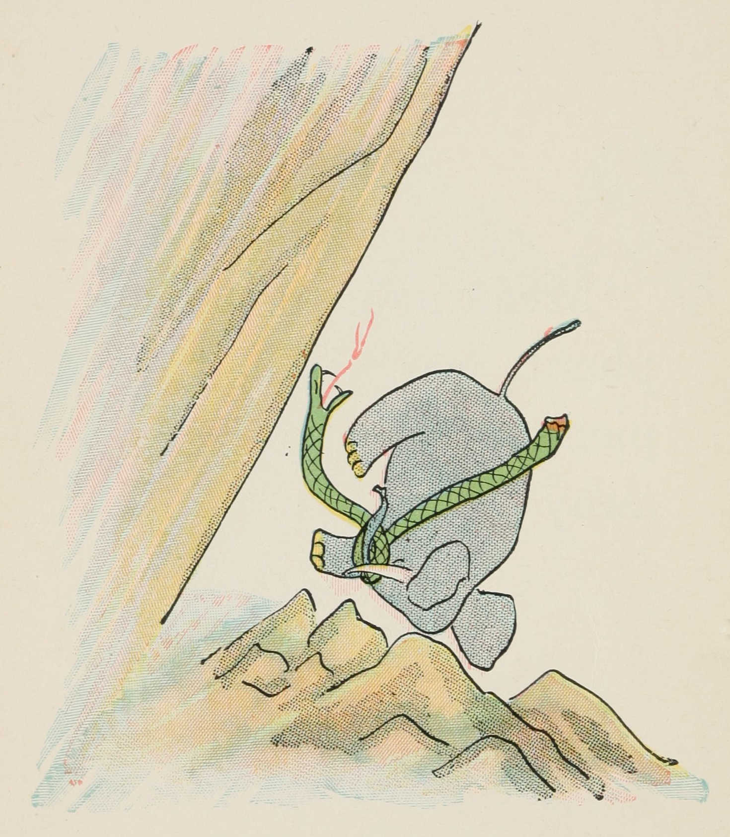 The elephant and the snake head down towards rocks.