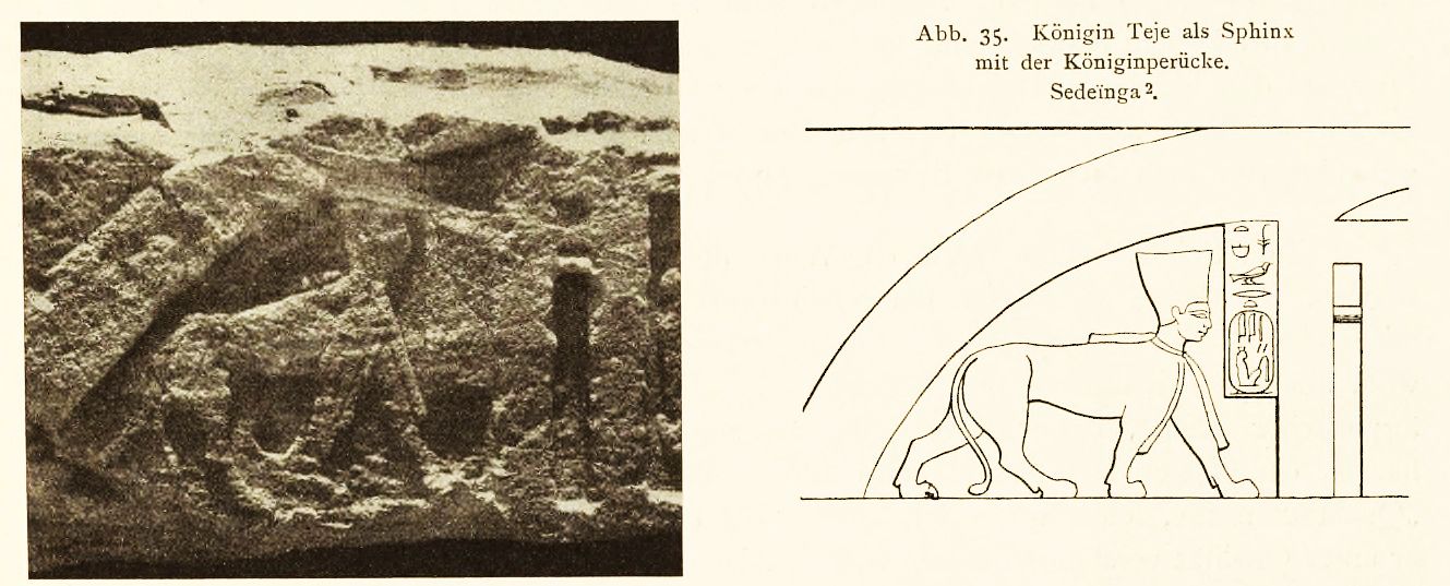 Königin Teje als Sphinx mit der Königinperücke.