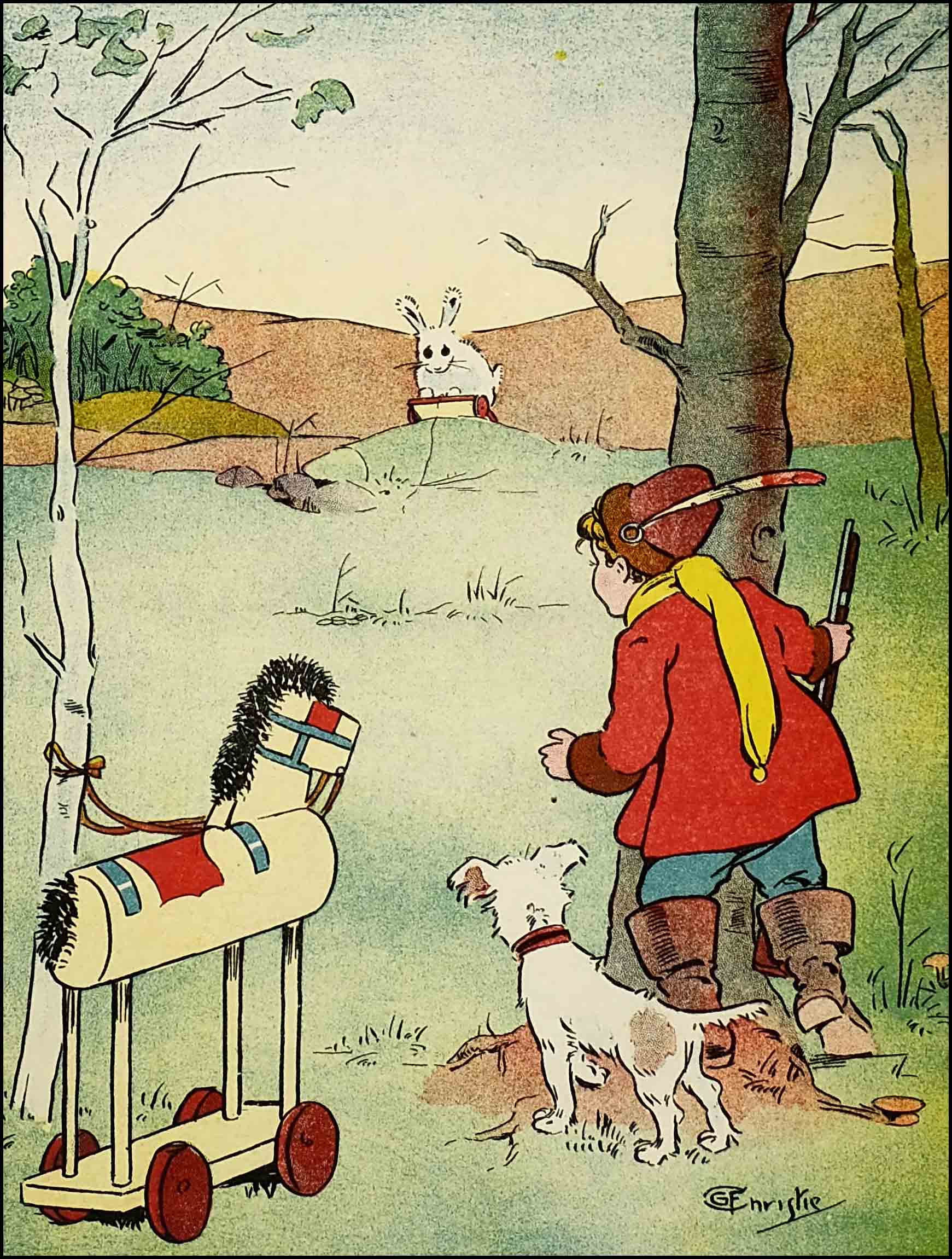 Hobby Horse tied to a tree, Rag and Dumpy behind another tree, watch savage Bunny approach