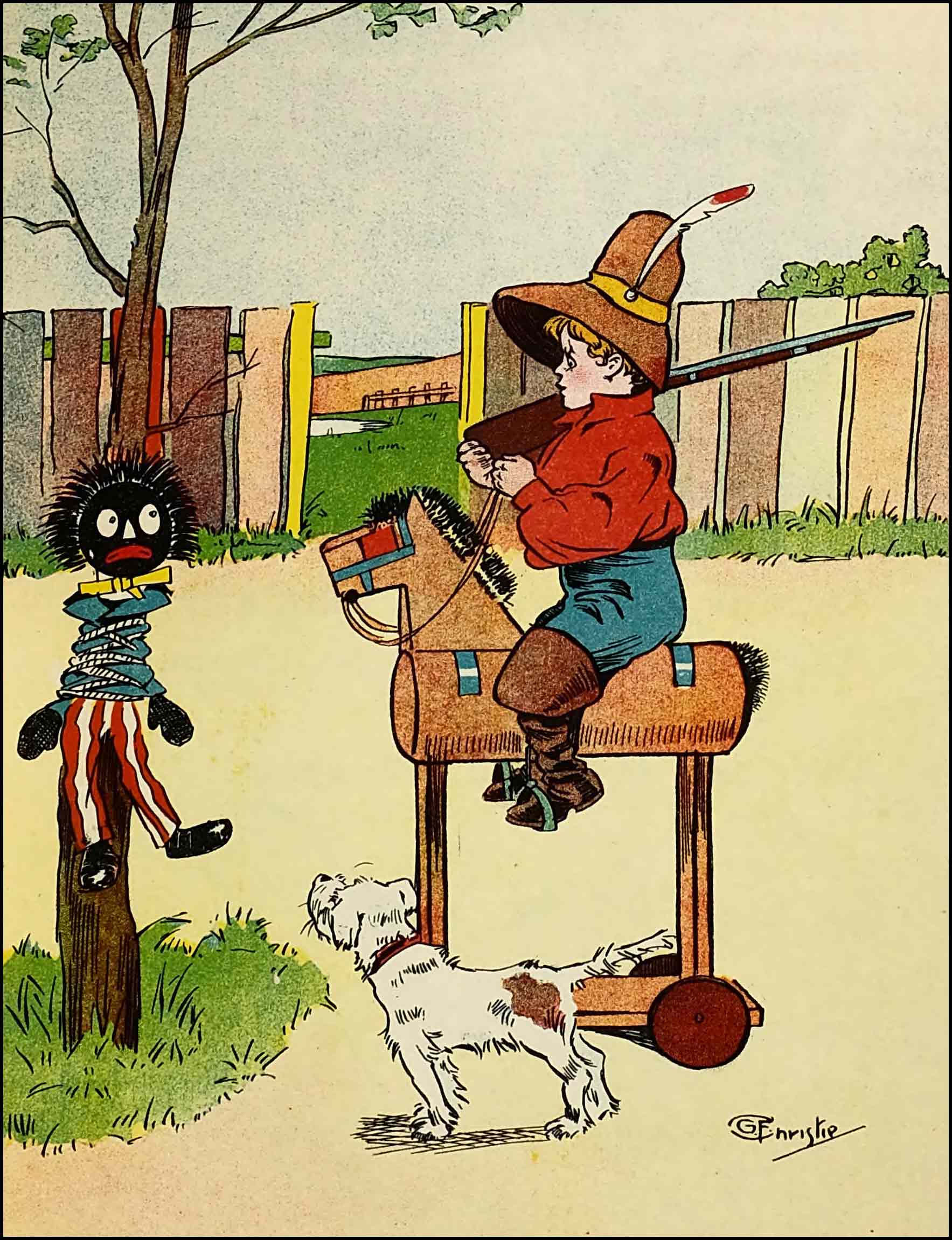 Dumpy rides the hobby horse, spade in hand, with Rag close by, getting ready to save Golliwogg who has been tied to a tree